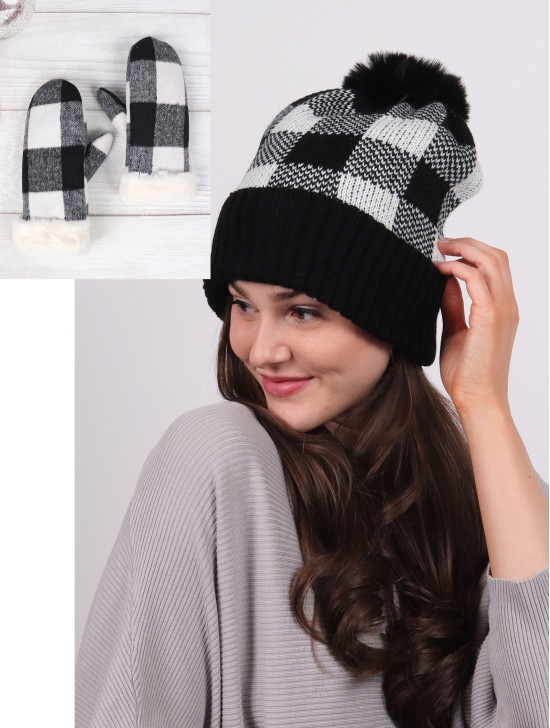 Knitted Checker Hat and Glove Set